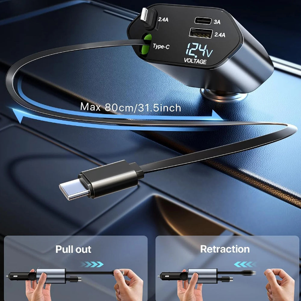 4-In-1 Super Fast Car Charger With Dual Built-In Cables