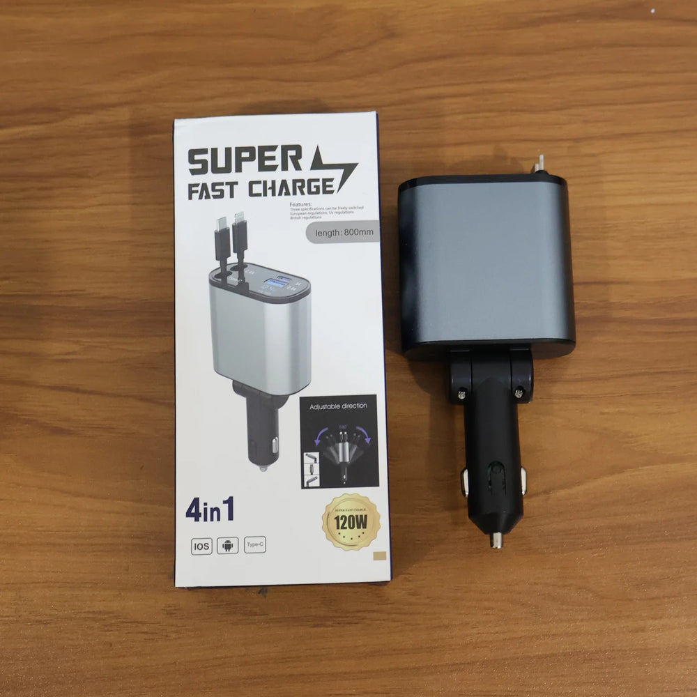 4-In-1 Super Fast Car Charger With Dual Built-In Cables