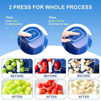 Instructions for using a device to peel fruits and vegetables with before and after images.