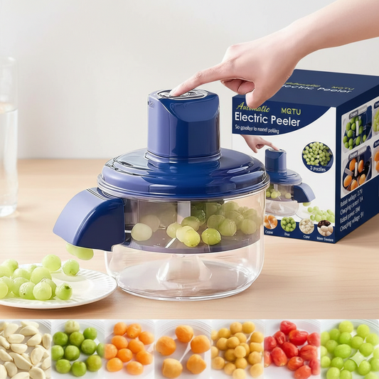 Electric peeler with grapes on a table next to its packaging