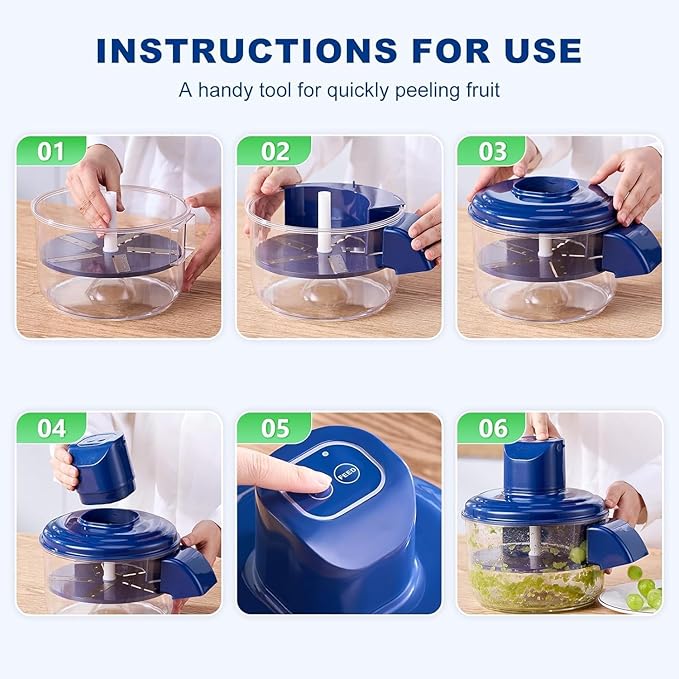 Step-by-step instructions for using a blue fruit peeler on a white background