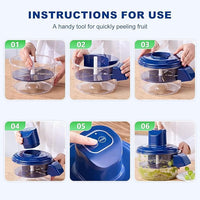 Step-by-step instructions for using a blue fruit peeler on a white background