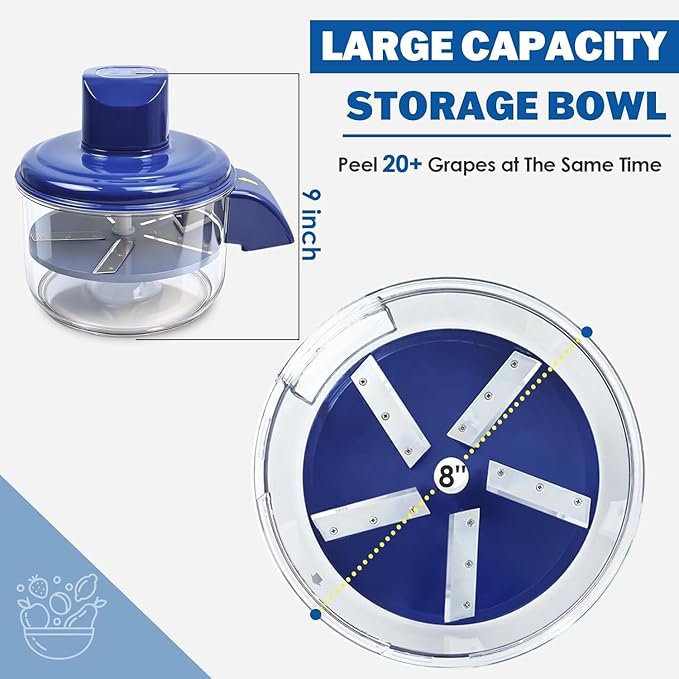 Grape peeler with large capacity storage bowl on a white background